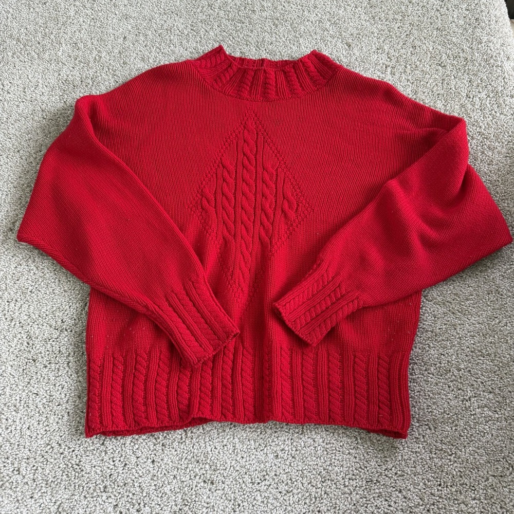 Vintage French Navy Sweater Womens L Red Mock Neck Heavyweight Cable Knit